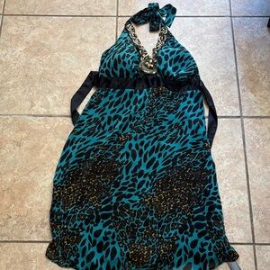 Teal Leopard Backless Halter Dress with Embellished Neckline